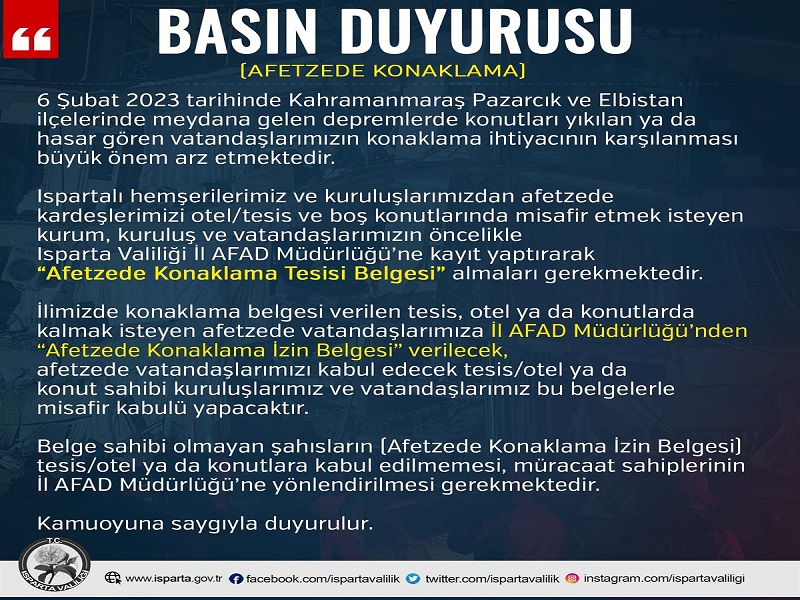 BASIN DUYURUSU (AFETZEDE KONAKLAMA)